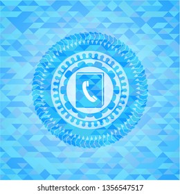 phonebook icon inside realistic light blue emblem. Mosaic background