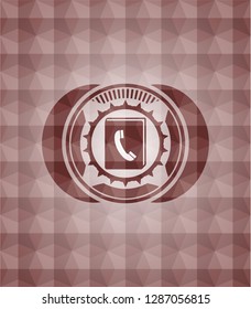 phonebook icon inside red emblem or badge with abstract geometric polygonal pattern background. Seamless.