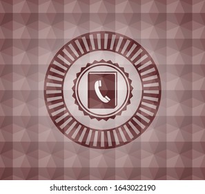 phonebook icon inside red emblem or badge with abstract geometric polygonal pattern background. Seamless.