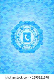 phonebook icon inside sky blue emblem. Mosaic background