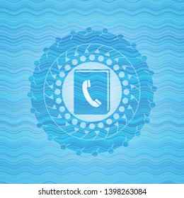 phonebook icon inside sky blue water wave emblem.