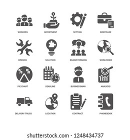 Phonebook, Solution, Workers, Investment, Analysis, Businessman, Deadline, Contract icon 16 set EPS 10 vector format. Icons optimized for both large and small resolutions.
