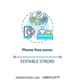 Phone-free zones concept icon. Parental control element idea thin line illustration. Tech-free places. Family time. Device free dinner. Vector isolated outline RGB color drawing. Editable stroke