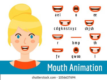 Phoneme mouth shapes collection for sound pronunciation. Blond woman with blue eyes and red lips in cartoon flat style. Vector illustration