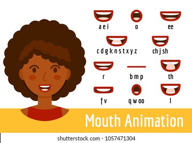 Phoneme Mouth Shapes Collection For Sound Pronunciation. African American Woman With Red Lips In Cartoon Flat Style. Vector Illustration