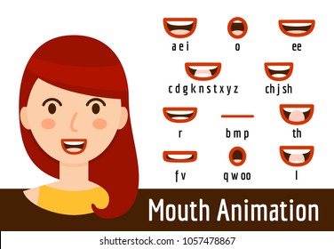 Phoneme Mouth Shapes Collection For Sound Pronunciation. Woman With Red Hair, Chestnut Eyes And Red Lips In Cartoon Flat Style. Vector Illustration