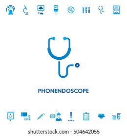 Phonendoscope Diagnostic Vector Icon Logo. Medical Stethoscope Health Care Design Illustration. Doctor Equipment Research Symbol Isolated On White Background