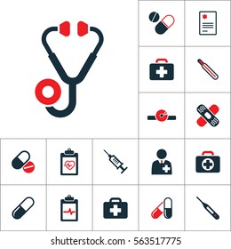 phonendoscope stethoscope icon, medical tools set on white background
