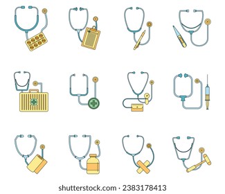 Phonendoscope stethoscope icons set. Outline illustration of 12 phonendoscope stethoscope vector icons thin line color flat on white