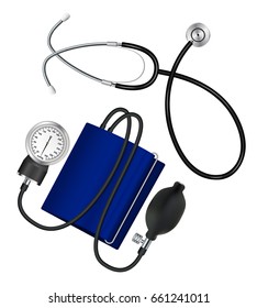 Phonendoscope and tonometer. Set Medical instruments for measuring blood pressure and pulse. Vector illustration.