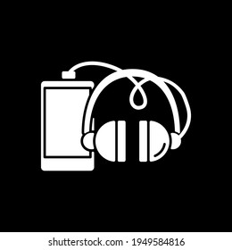 Phones and accessories dark mode glyph icon. Smartphone, headphones. Electronic devices. Online store category. White silhouette symbol on black space. Vector isolated illustration