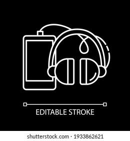 Phones and accessories white linear icon for dark theme. Smartphone, headphones. Electronic devices. Thin line customizable illustration. Isolated vector contour symbol for night mode. Editable stroke