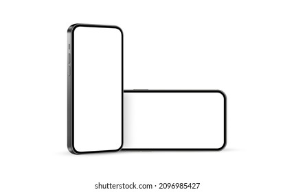 Phones with Blank Screens, Vertical and Horizontal Mockup, Isolated on White Background Side and Front View. Vector Illustration