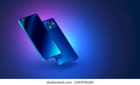 Phones at both sides hanging angle over table. Realistic vector phone mockup with empty screen. Smartphone at screen side and camera side on blue background. Template of rotated modern cellphone.