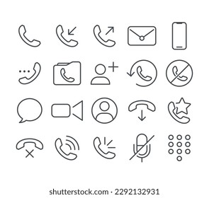 Phones and Calls Simple Vector Icons Style contains icons such as phone, pick up, hang up, message, video call, hang up, speakerphone and more.