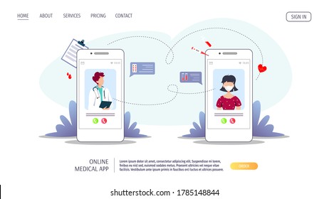 Phones with doctor and patient on the screens. Medical consultation, Online doctor, Tele medicine, Medicine clinic and health care concept. Vector illustration for poster, banner, website.