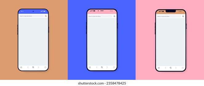 Phones with empty web browser collection - Set of unbranded smartphones with blank screen on coloured background. Flat design top view vector illustration