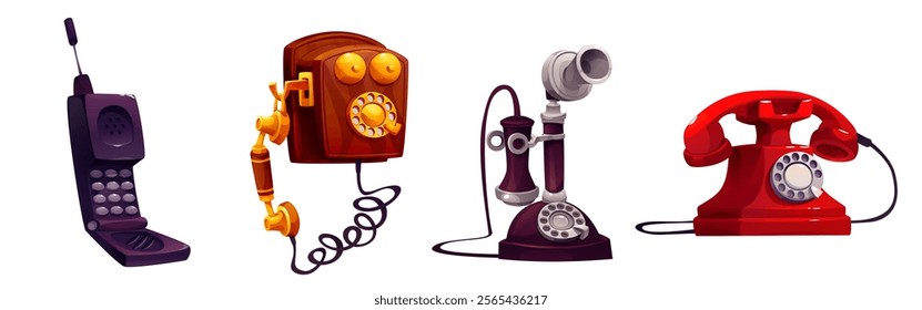 Phones evolution set isolated on white background. Vector cartoon illustration of vintage telephones with dial and cord, cellphone with buttons and radio antenna. Communication technology progress