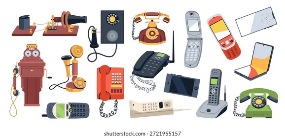 Evolución de los teléfonos. Desde modelos vintage con auriculares, discos hasta teléfonos inteligentes modernos, diferentes diseños de dispositivos para conversaciones de larga distancia, progresión tecnológica, ordenado conjunto de estilo plano de dibujos animados de Vector