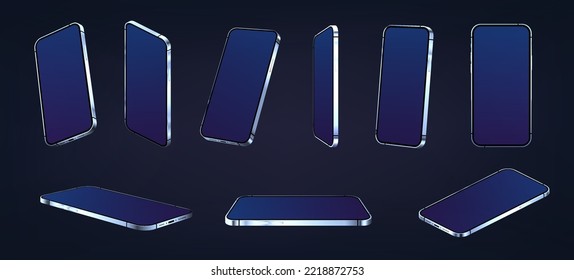 Phones in futuristic style with glare, reflection and blank screen. Vector layouts of gadgets in different positions. Realistic 3D phones for presentation and futuristic concept. Blue color collection