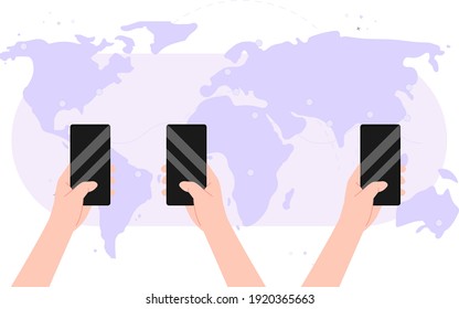 phones in hand on map Background vector illustration cartoon flat design modern style 