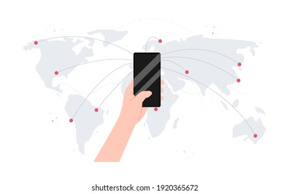 phones in hand on map Background vector illustration cartoon flat design modern style 