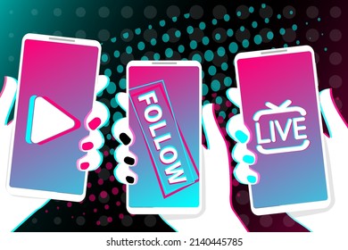 Phones in hand. Popular social network on smartphone screen. Watch cool videos, follow and stream LIVE videos. Social media addiction. Vector illustration in flat design. EPS10