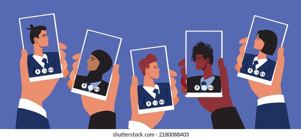 Telefone in Händen von Geschäftsleuten und Geschäftsfrauen, deren Geschäftstätigkeit als Konferenzen und Vernetzung mittels digitaler Technologien Online-, Flavektor-Stockillustration