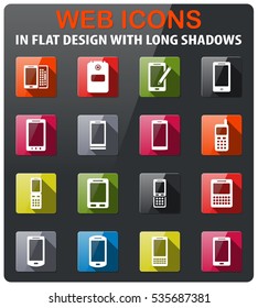 Phones icons set in flat design with long shadow