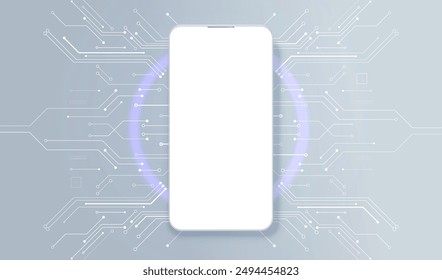 Phones mock up white screen front view on circuit board. Technology mobile smartphone with blank screen for display your design, presentation. Realistic 3d vector cellphone laying on circuit desk.