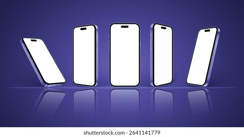 Phones mockup in different angles isolated on bright glass background. 3d smartphone set with empty screen, front and side view. Realistic purple mobile phones mockup on desk, vector illustration.
