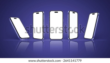 Phones mockup in different angles isolated on bright glass background. 3d smartphone set with empty screen, front and side view. Realistic purple mobile phones mockup on desk, vector illustration.
