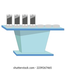 Teléfonos en el estrado. Teléfonos en la cabina de un vendedor que vende el mismo tipo de teléfono. Ilustración vectorial.