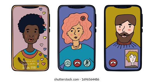 Phones with people using virtual communication. Video call, stories, video connection. Color image on a white background.