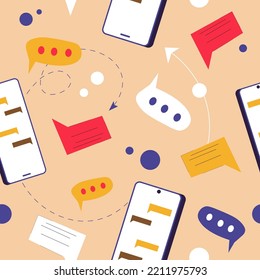 Phones screen with text messages, chatting and communicating with help of smartphones. Social media, talking online in web. Seamless pattern or background, wallpaper or print. Vector in flat style