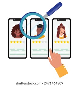 Phones showing portraits of a black woman, black man and white woman, all with star ratings, magnifying glass and finger pointing. Recruitment and online dating concept