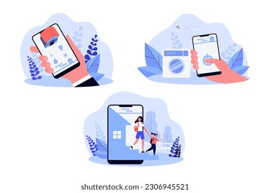 Teléfonos con ilustraciones vectoriales de aplicaciones domésticas inteligentes configuradas. Colección de dibujos de las manos controlando la casa usando aplicación, mujer e hija saliendo de la pantalla. Smart home, concepto de tecnología moderna