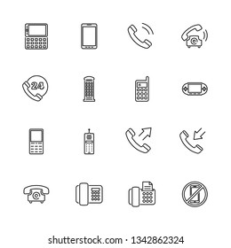 Phones, Telecommunication outline icons set - Black symbol on white background. Phones, Communication Simple Illustration Symbol - lined simplicity Sign. Flat Vector thin line Icon - editable stroke