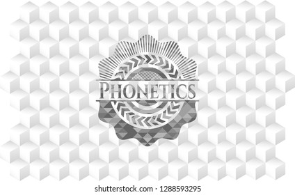 Phonetics grey emblem. Vintage with geometric cube white background