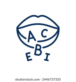 Phonetics and Speech Training Icon. Thin Line Illustration of a Mouth with Alphabet Letters, Representing the Articulation of Sounds in Language Learning and Speech Therapy. Isolated Vector Sign.	