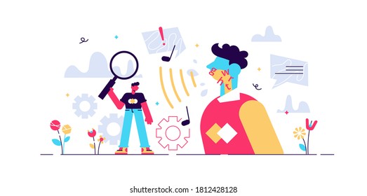 Phonetics vector illustration. Flat tiny linguistic sounds person concept. Abstract articulatory, acoustic and auditory branch study process. Educational language grammatical characterization learning