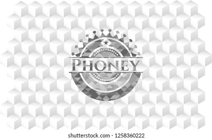 Phoney realistic grey emblem with geometric cube white background