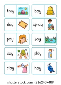 Phonics -ay- sound dominoes game. Match the words with pictures activity page for kids. Vector illustration