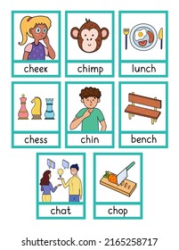 Phonics flashcards with -ch- spelling rule. Flash cards with phonics sound words and pictures activity for kids. Vector illustration