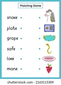 Phonics que coinciden con el juego con la regla de ortografía a-e. Coincide con las palabras de sonido fonics con la página de actividad de imágenes para niños. Ilustración del vector