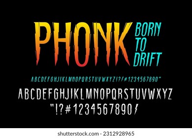 Phonk - Dark Lettering type font for tee print design. Y2k Trendy type font concept with Born To Drift print design. Scary Phonk Type Font template for drifting t-shirt print design