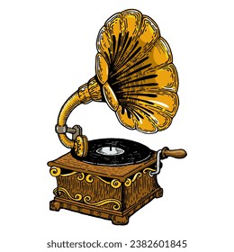 Phonograph engraving sketch style hand drawn color vector illustration. Scratch board style imitation. Hand drawn image.