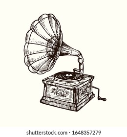 Phonograph, hand drawn doodle, drawing in gravure style, sketch illustration, design element