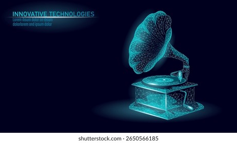 Fonógrafo baixo poli ilustração digital. Gramofone polygonal rendering technology art. Música entretenimento som recorde. Vetor de arames de plano de fundo azul escuro