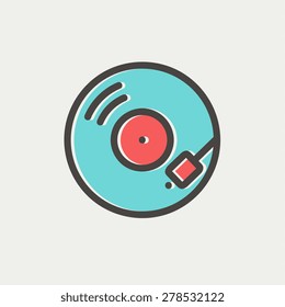Phonograph turntable icon thin line for web and mobile, modern minimalistic flat design. Vector icon with dark grey outline and offset colour on light grey background.